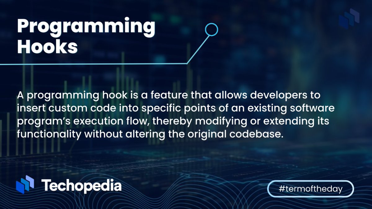 techopedia's tweet image. When a software application runs, it checks for any custom code attached to its hooks at specific events or actions.
Learn more: i.mtr.cool/llsqeozrho
#ProgrammingHooks #CustomCode #SoftwareFunctionality #CodeModification #ExecutionFlow