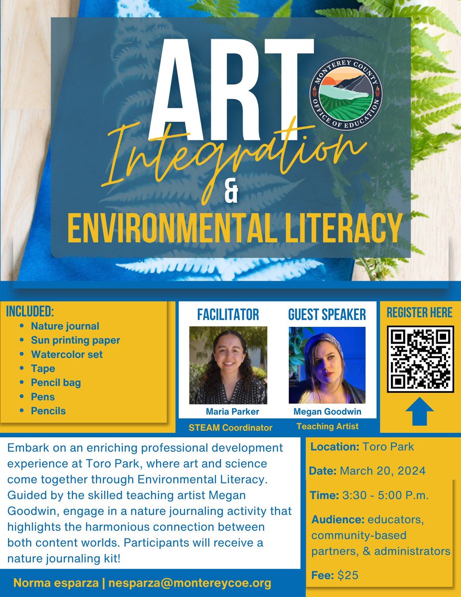 Attention educators and community-based partners! Come enjoy the outdoors while learning about Arts Integration &amp; Environmental Literacy. Teaching artist, Megan Goodwin, will guide us through nature journaling 🌱🌎

Registration link: monterey.k12oms.org/1519-244180

When: Wednesday,
