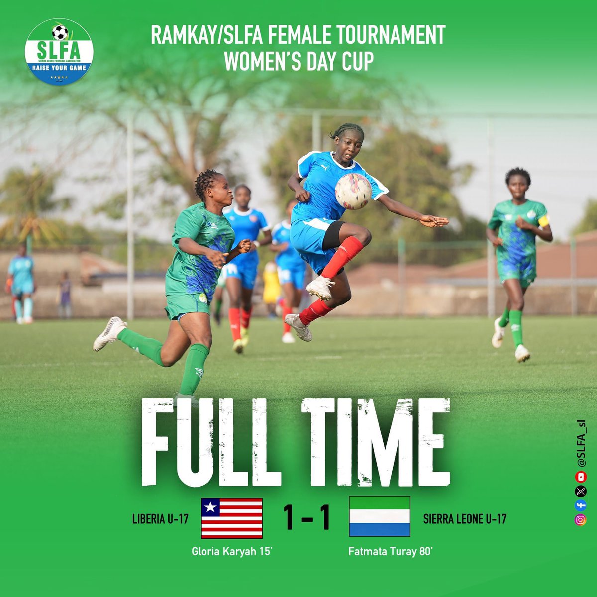 Sierra Leone U17's team showed great determination in a 1-1 draw against Liberia, maintaining their unbeaten streak in the tournament! After winning the first match 2-1, our girls continue to impress on the field. Let's keep cheering them on as they strive for more victories.