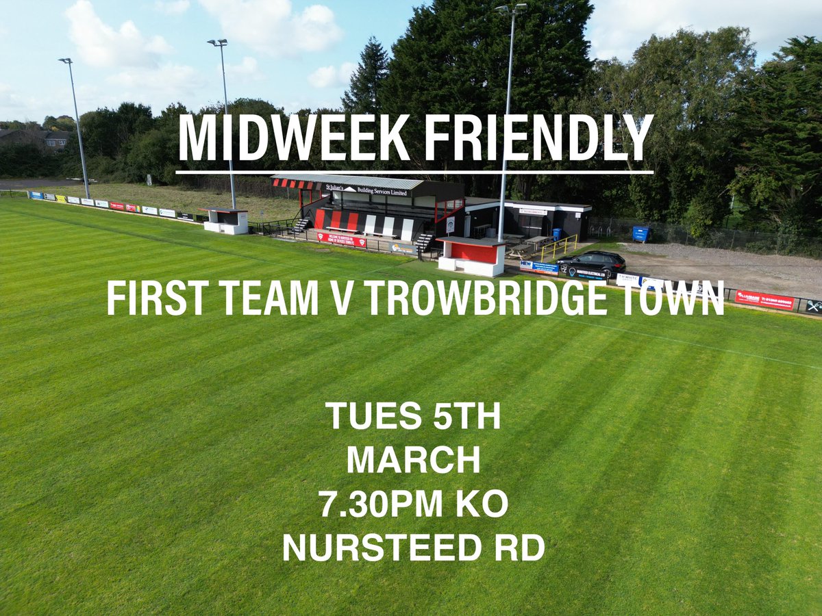 TUESDAY NIGHT FRIENDLY We welcome last years close rivals Trowbridge Town FC to Nursteed Rd this coming Tuesday evening for a midweek friendly. ⏰7.30pm KO 📍FREE ENTRY 🍺Bar Open Pop along for some midweek football at Nursteed Rd 🔴⚪️🔴⚪️