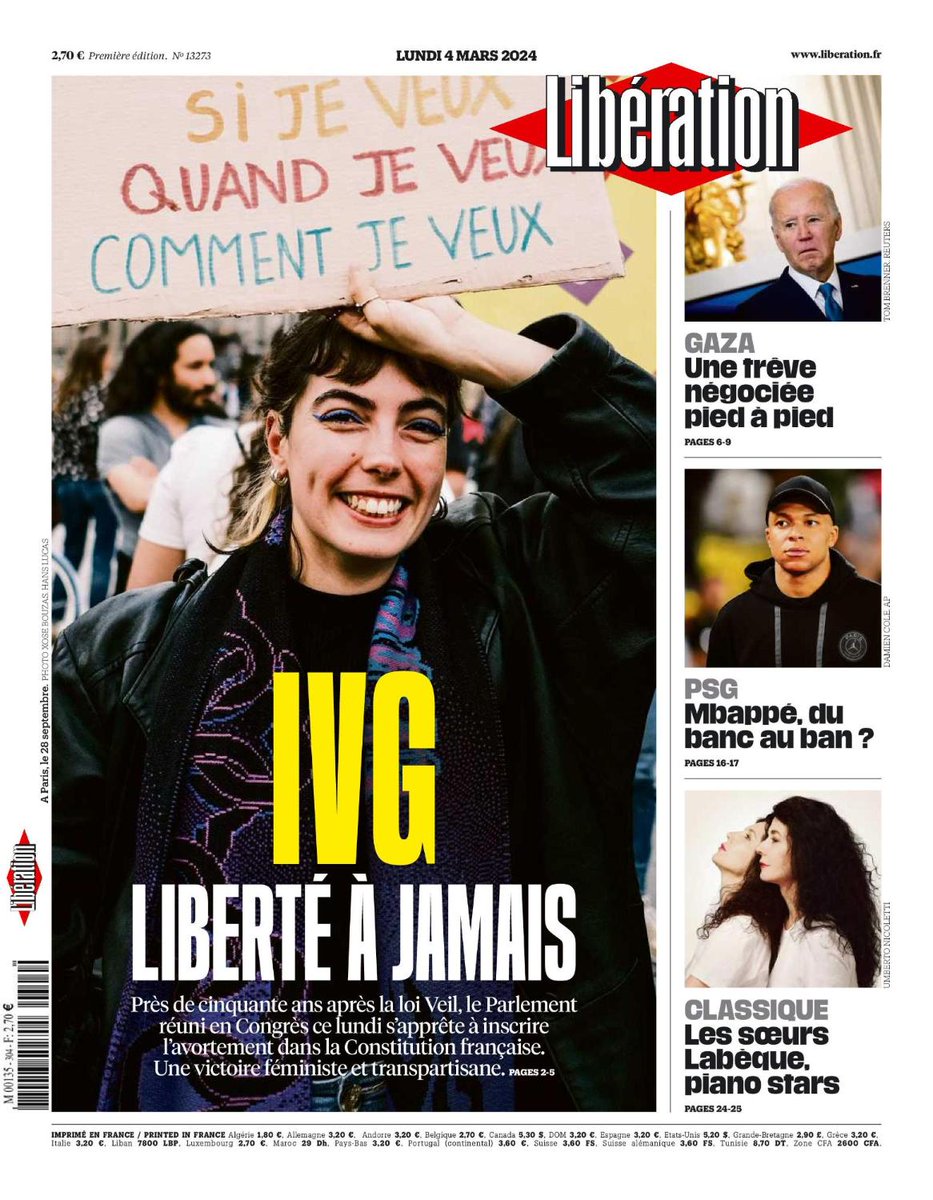 🟡 #IVG : liberté à jamais

Près de cinquante ans après la loi Veil, le Parlement réuni en Congrès ce lundi s’apprête à inscrire l’avortement dans la Constitution. Une victoire féministe et transpartisane.

C'est la une de @Libe ce 4 mars.

Lire : journal.liberation.fr