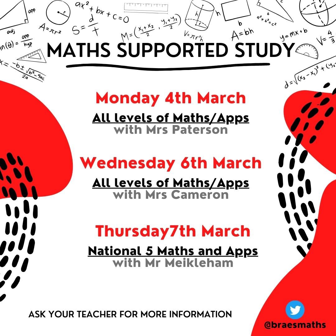 After the success of our Maths and English Study sessions last week, supported study continues in the maths department, here are the details for this week