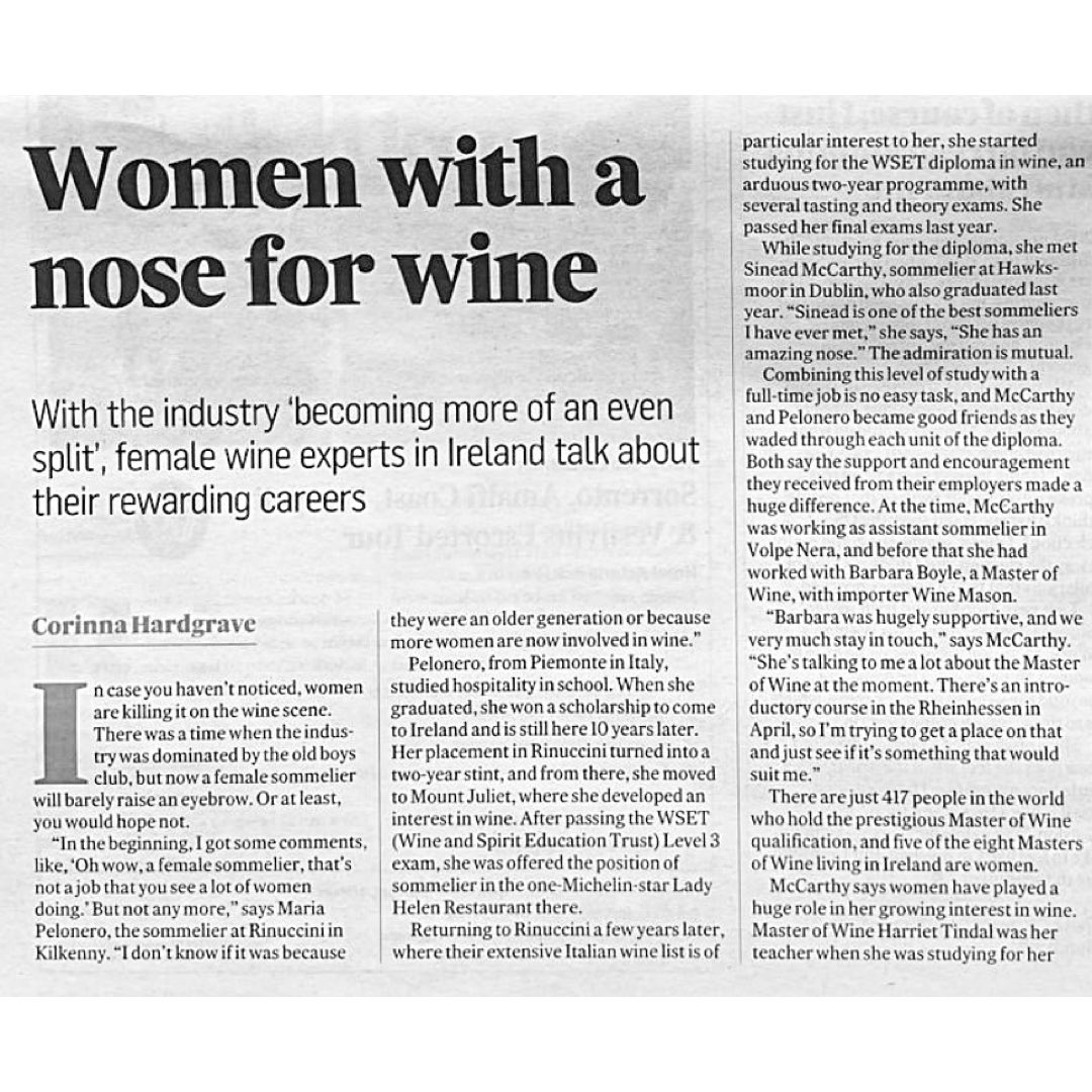 Congratulations to our Sommelier Maria Pelonero for her inclusion in this weekends The Irish Times Magazine. 

Maria is an integral part of our wonderful team here at Rinuccini’s, we extend our deepest gratitude for her relentless dedication and hard work. 

#Rinuccini