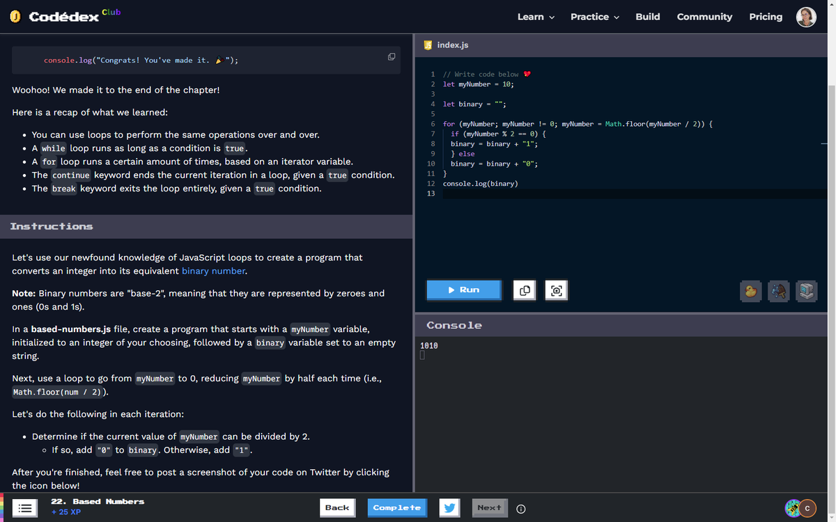 TheDeeDeeMaria's tweet image. #30NitesOfCode - Day 3
Finished the 4th chapter of JavaScript course with Based Numbers 🔢 #CodedexBasedNumbers @codedex_io
