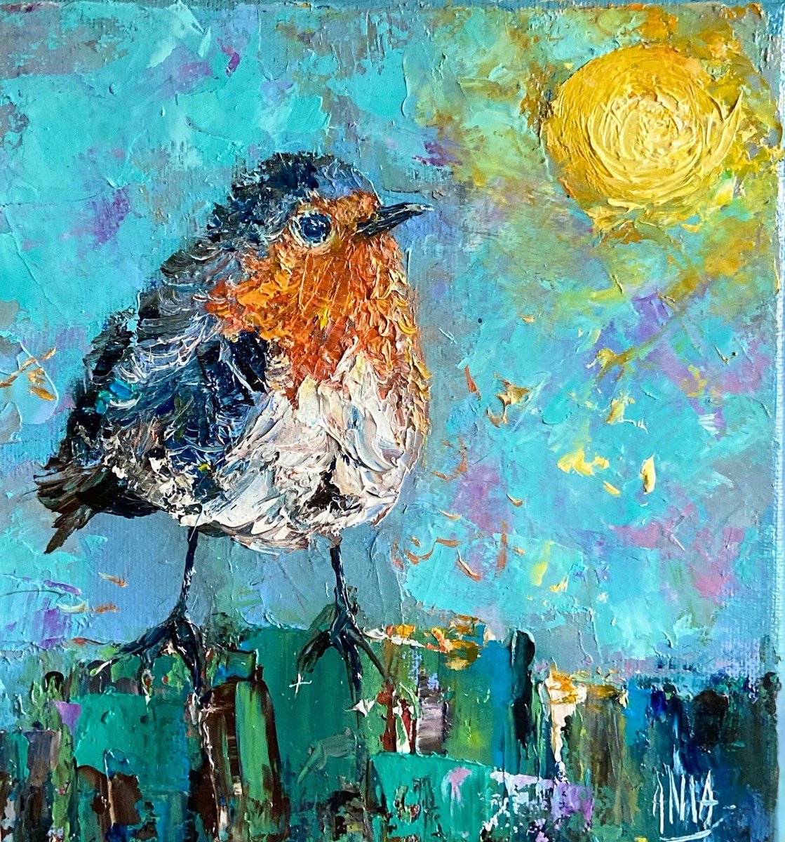 Step into a world of joy with my vibrant Robin bird oil painting, crafted using the palette knife technique. 🌞 Enjoy a 25% discount on all pieces in this Robin collection for one week only! 🎨 Don't miss out – bring home the positivity today. 🐦✨ #ArtSale #RobinPainting
