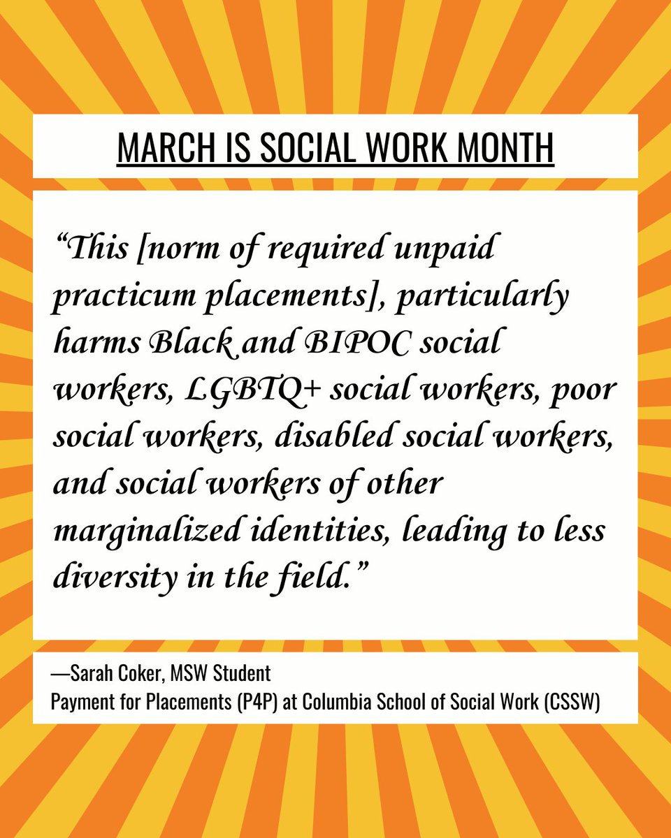 "Love this year's focus on higher pay for social workers." #SWMonth2024 

A "...way to work toward this would be for the #NASW to support paying social work students for their required practicum placements while they earn their degree." 

—@cokerjsarah, P4P at CSSW <a href="/p4p_cssw/">P4P_CSSW</a>
