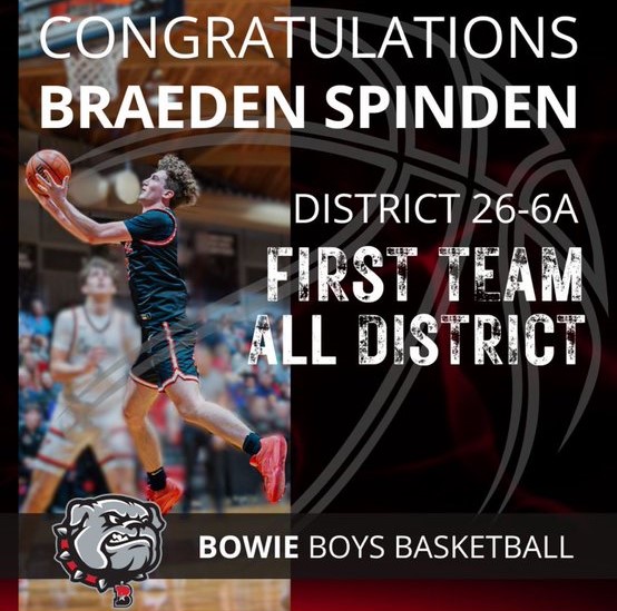 Congratulations to Bowie Senior Braeden Spinden on receiving First Team All District honors Braeden was Bowie's top scorer, as well as a tenacious defender, and will be missed!