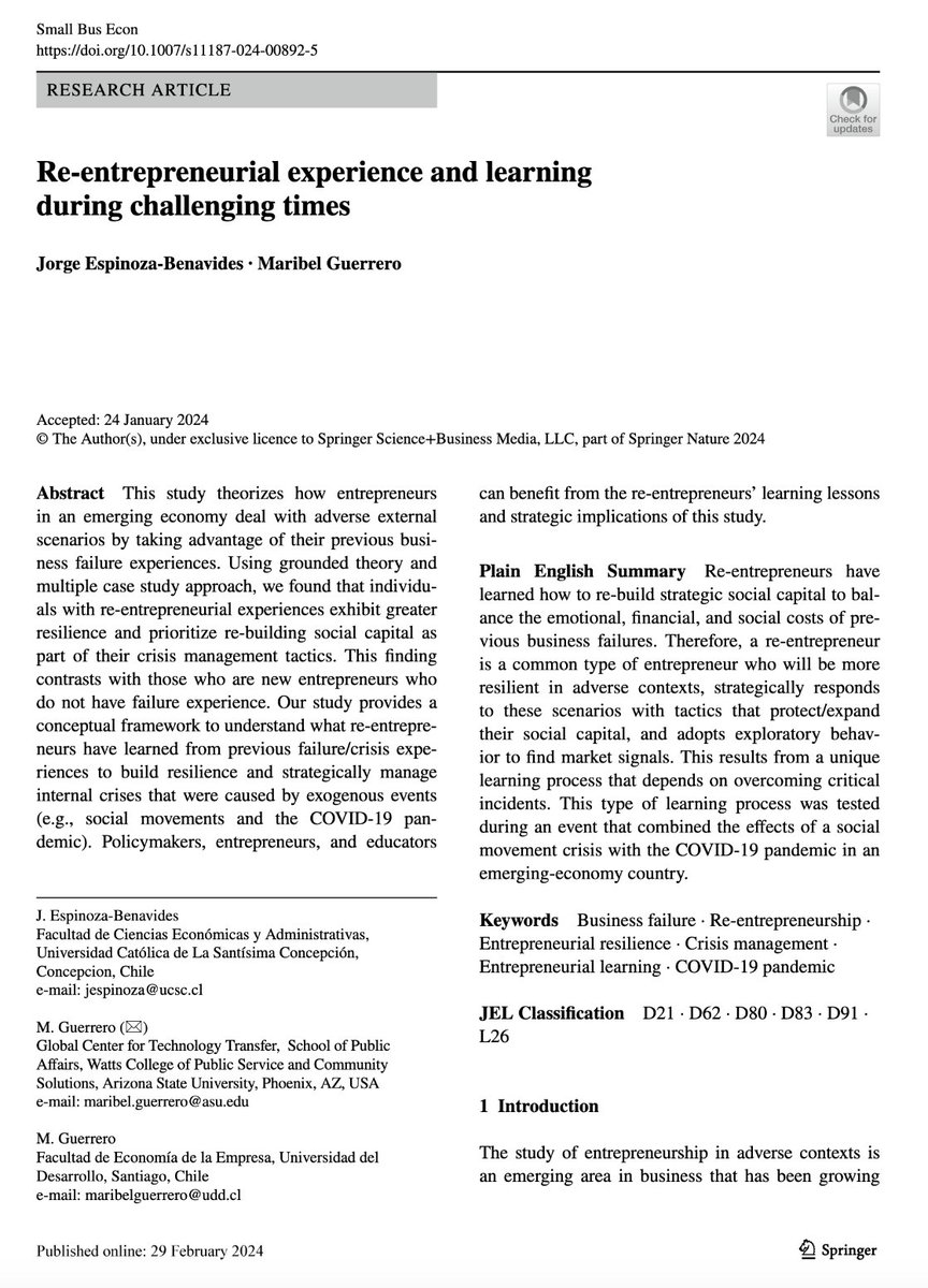 Maribel Guerrero (@dr_mguerrero) on Twitter photo Dear colleagues,
Are you interested in learning more about #reentry into #entrepreneurship during #challengingtimes?
Read our article in <a href="/SBEJournal/">Small Business Economics</a>, w/Jorge Espinosa-Benavides.
rdcu.be/dz1ei
Enjoy it! Dear colleagues,
Are you interested in learning more about #reentry into #entrepreneurship during #challengingtimes?
Read our article in <a href="/SBEJournal/">Small Business Economics</a>, w/Jorge Espinosa-Benavides.
rdcu.be/dz1ei
Enjoy it!