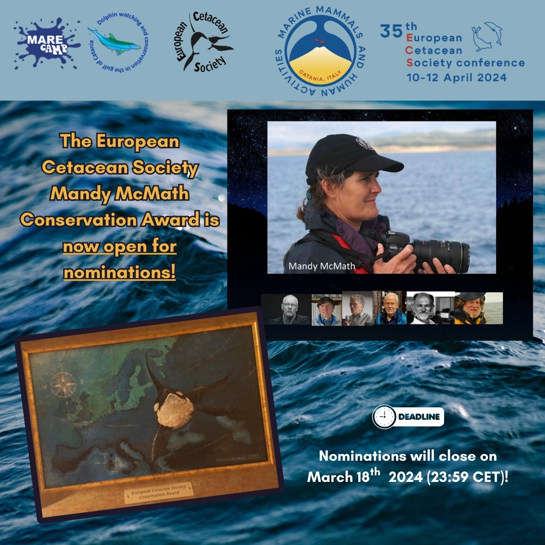 European Cetacean Society (@eurocetsoc) on Twitter photo 🌊 The ECS Conservation Mandy McMath Award is open for outstanding contribution in the field of marine mammal conservation and/or welfare! Nominations will close on March 18th. Details: europeancetaceansociety.eu/mandy-mcmath-e… 🏆
#ECSconference2024
<a href="/Marecamp_CT/">Marecamp association</a> 🌊 The ECS Conservation Mandy McMath Award is open for outstanding contribution in the field of marine mammal conservation and/or welfare! Nominations will close on March 18th. Details: europeancetaceansociety.eu/mandy-mcmath-e… 🏆
#ECSconference2024
<a href="/Marecamp_CT/">Marecamp association</a>