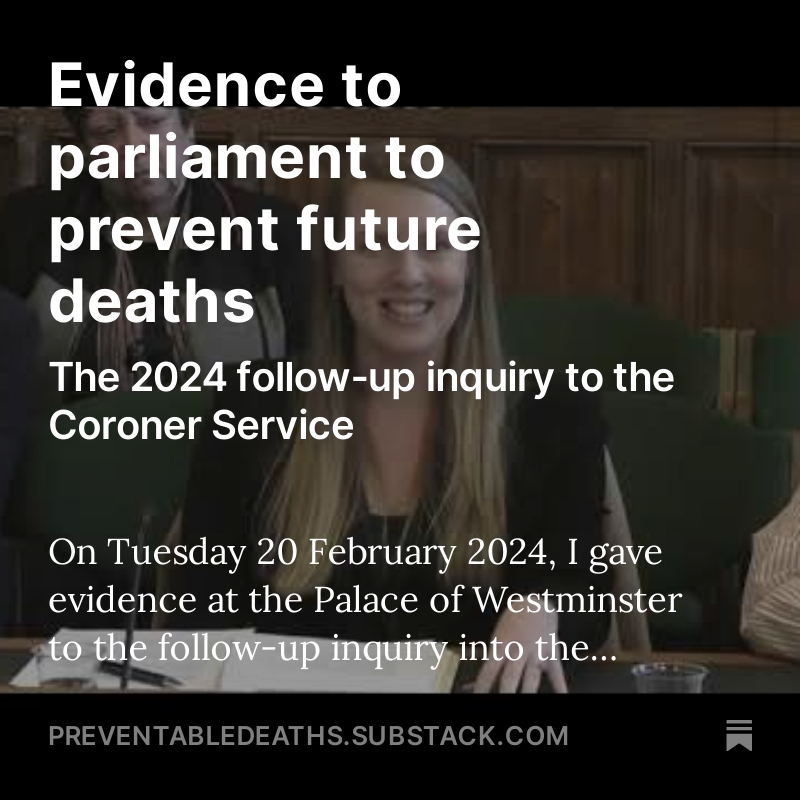 In this week's newsletter, I've summarised the evidence I gave to the @CommonsJustice in Parliament, sharing my insights on the Coroner Service's ability to 'prevent future deaths' Listen here: preventabledeaths.substack.com/p/evidence-to-… @CebmOxford @OxPrimaryCare #PFDs #inquests #preventabledeaths