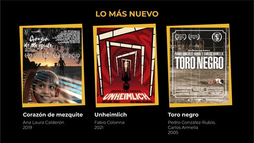 Nuestro Cine MX (@nuestrocinemx) on Twitter photo Arrancamos la nueva etapa de la plataforma con tres estrenos. 🇲🇽🔥 ¡Sigamos disfrutando nuestro cine!
Encuéntralos en nuestrocine.mx
🎥 CORAZÓN DE MEZQUITE | largometraje 
🎥 UNHEIMLICH | corto
🎥 TORO NEGRO | largometraje
Regístrate sin costo.
#NuestroCineMX 👁️ Arrancamos la nueva etapa de la plataforma con tres estrenos. 🇲🇽🔥 ¡Sigamos disfrutando nuestro cine!
Encuéntralos en nuestrocine.mx
🎥 CORAZÓN DE MEZQUITE | largometraje 
🎥 UNHEIMLICH | corto
🎥 TORO NEGRO | largometraje
Regístrate sin costo.
#NuestroCineMX 👁️