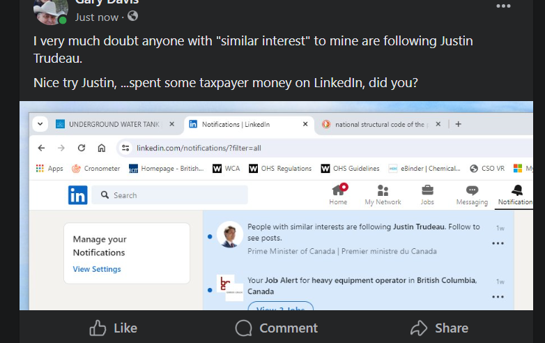 gary_davis's tweet photo. @PierrePoilievre Apparently cash buys notifications on LinkedIn.  I have no similar interests with people who would follow Trudeau.  The people would have similar interests with follow @PierrePoilievre.  How is it I don't see that recommendation @LinkedIn? https://t.co/RmsgnE7kKf