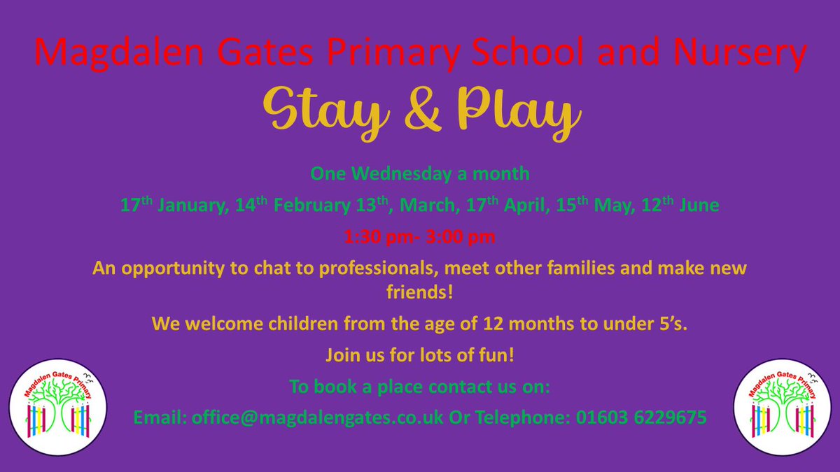 We hold monthly Stay and Play sessions for all children aged from 12 months to under 5. To book a place please contact the school office. #StayAndPlay