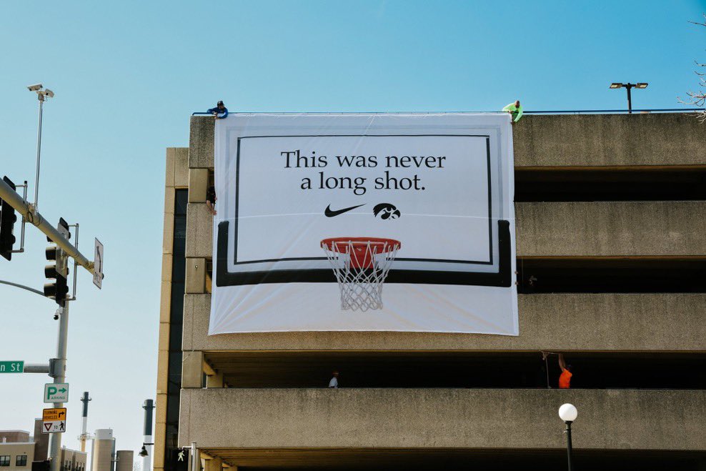 This execution from Nike:

- Banner of Caitlin shooting a few days ago in Iowa City 
- Airs commercial spot after she broke the all-time scoring record today
- Basketball hoop billboard today near her banner after she broke the record 

Absolutely flawless storytelling 🔥