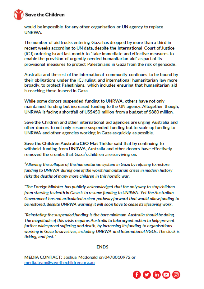 SaveAusNews's tweet photo. MEDIA RELEASE: Save the Children Australia CEO @TinklerMat said that by continuing to withhold funding from UNRWA, Australia and other donors have effectively removed the crumbs that #Gaza’s children are surviving on. https://t.co/uKN4M2V6CP