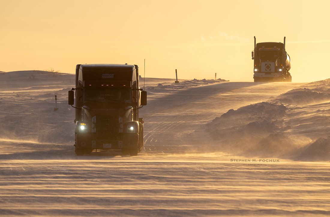 Quick edit: A northbound convoy coming off of portage 49 of the TCWR. And the wind from the north was cold. I mean really cold. It found every opening in my jacket and pants. #NWT #NikonCa #Iceroad #Iceroadtrucker #windswept #ColdAF