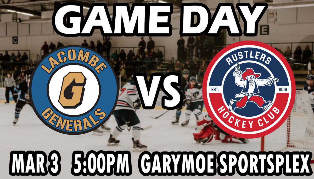 Playoff Day, R2 Gm 4 Generals vs @RDSrAARustlers!! Gens lead 2-1 after a big win lastnight! There will be merch prizes, chance to win @MoesLacombe pizza during Shoot-To-Win,
@KidSportLacombe 50/50, Figure skating performance and more! 
See you tonight! Go Gens Go!
@NCHLSeniorAA