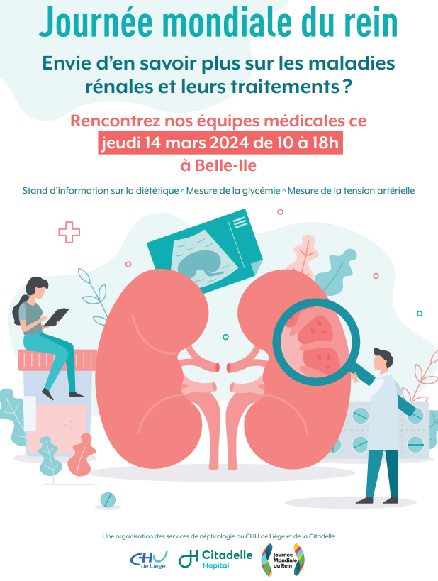 Journée mondiale du rein <a href="/VilledeLiege/">Ville de Liège</a> : jeudi 14 mars 2024 !
Dépistage du #diabète et de #hypertension <a href="/BelleIleLiege/">Belle-Ile en Liège</a> ! Information médicale et paramédicale sur la maladie #rénale 
Belle collaboration entre @H_Citadelle et <a href="/CHULiege/">CHU de Liège</a>