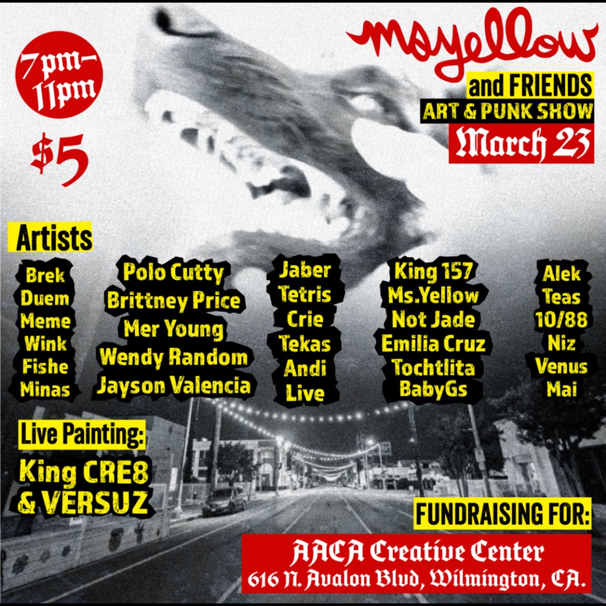 MARCH 23, Art & Music Fundraiser Show for the Creative Center ✨  616 N. Avalon Blvd, Wilmington, Ca 7pm-11pm, $5 ___________________ Punk bands TBA! Art/ Live Painting/ Tattoos/ Music/ Vendors ___________________ 100% of the proceeds will be going back into the Center