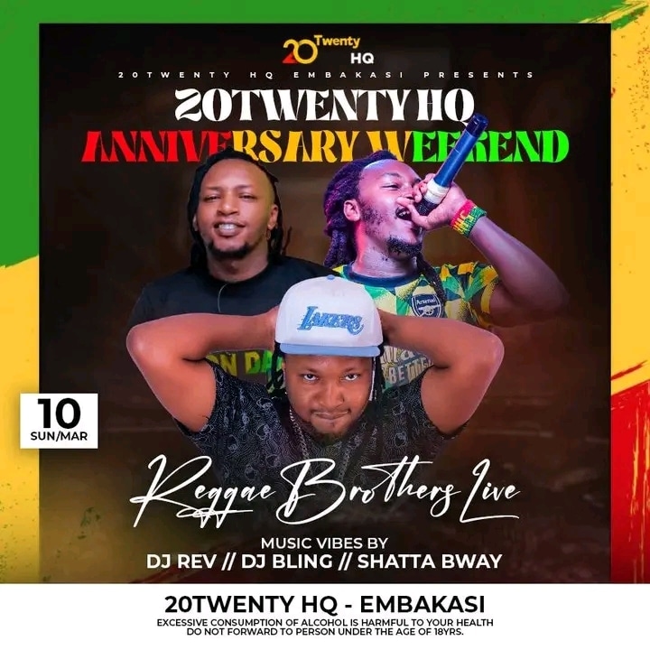 LADIES AND GENTLEMEN WELCOME TO THE NEW #20TwentyHQ ReLaunch and Anniversary Party Sunday 10th March itakua Noma Sana... Lots of Mbuzi Choma, Kuku Choma, Drinks and Reggae with the #ReggaeBrothers. Tell a friend to a friend JAH BLESS.