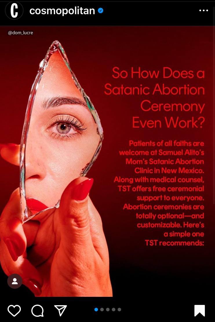 dom_lucre's tweet photo. On November 16, 2023, The Cosmopolitan promoted a ‘Satanic Abortion Clinic’ on their website and their ‘Ceremonies’ on their Instagram. I will never understand why nobody was mad about this. https://t.co/uAQ4ggqZVX
