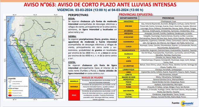 Se prevé lluvias intensas (nivel naranja), hasta el 4/3, en los departamentos Áncash, Apurímac, Arequipa, Ayacucho, Cajamarca, Cusco, Huancavelica, Junín, La Libertad, Lima y Puno, según el Senamhi