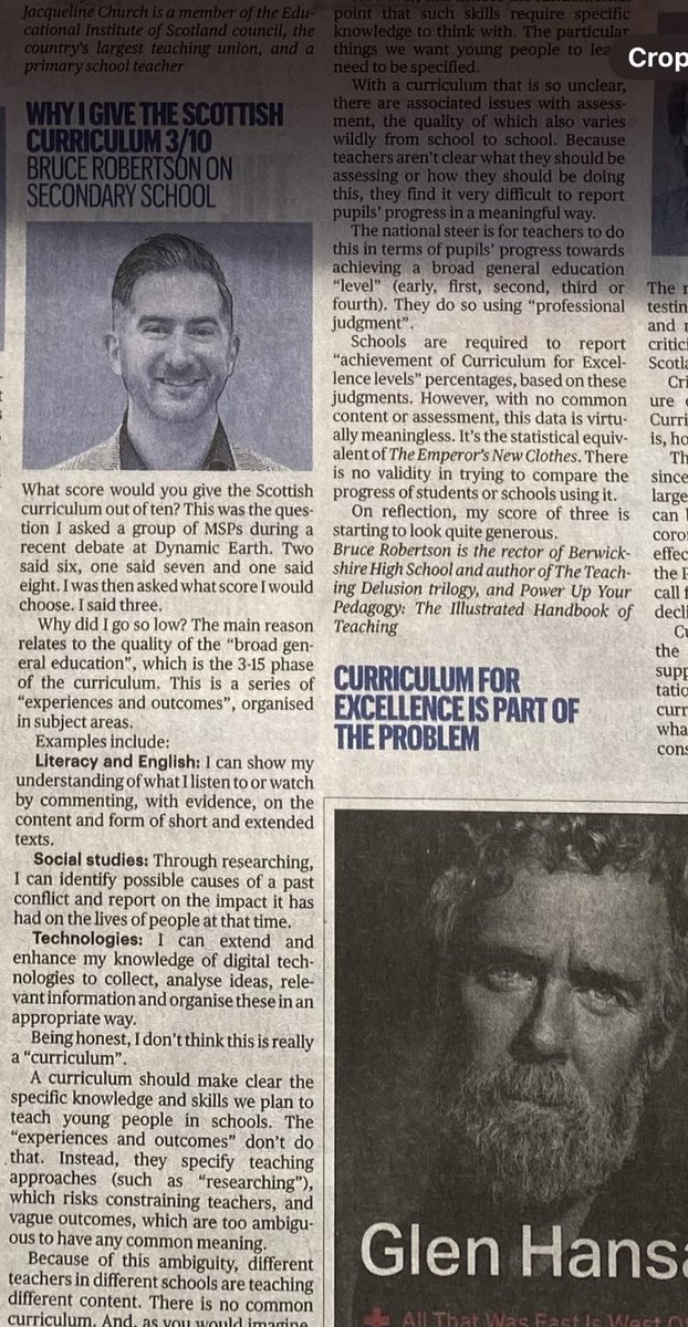 Bruce Robertson (@bruce_nextlevel) on Twitter photo Thanks for all the lovely comments about the piece I wrote for the <a href="/thetimes/">The Times and The Sunday Times</a> on the state of the Scottish curriculum, published today.
“What score would you give the Scottish curriculum out of ten?”
I’d love to know what score you’d go with, and why. Thanks for all the lovely comments about the piece I wrote for the <a href="/thetimes/">The Times and The Sunday Times</a> on the state of the Scottish curriculum, published today.
“What score would you give the Scottish curriculum out of ten?”
I’d love to know what score you’d go with, and why.