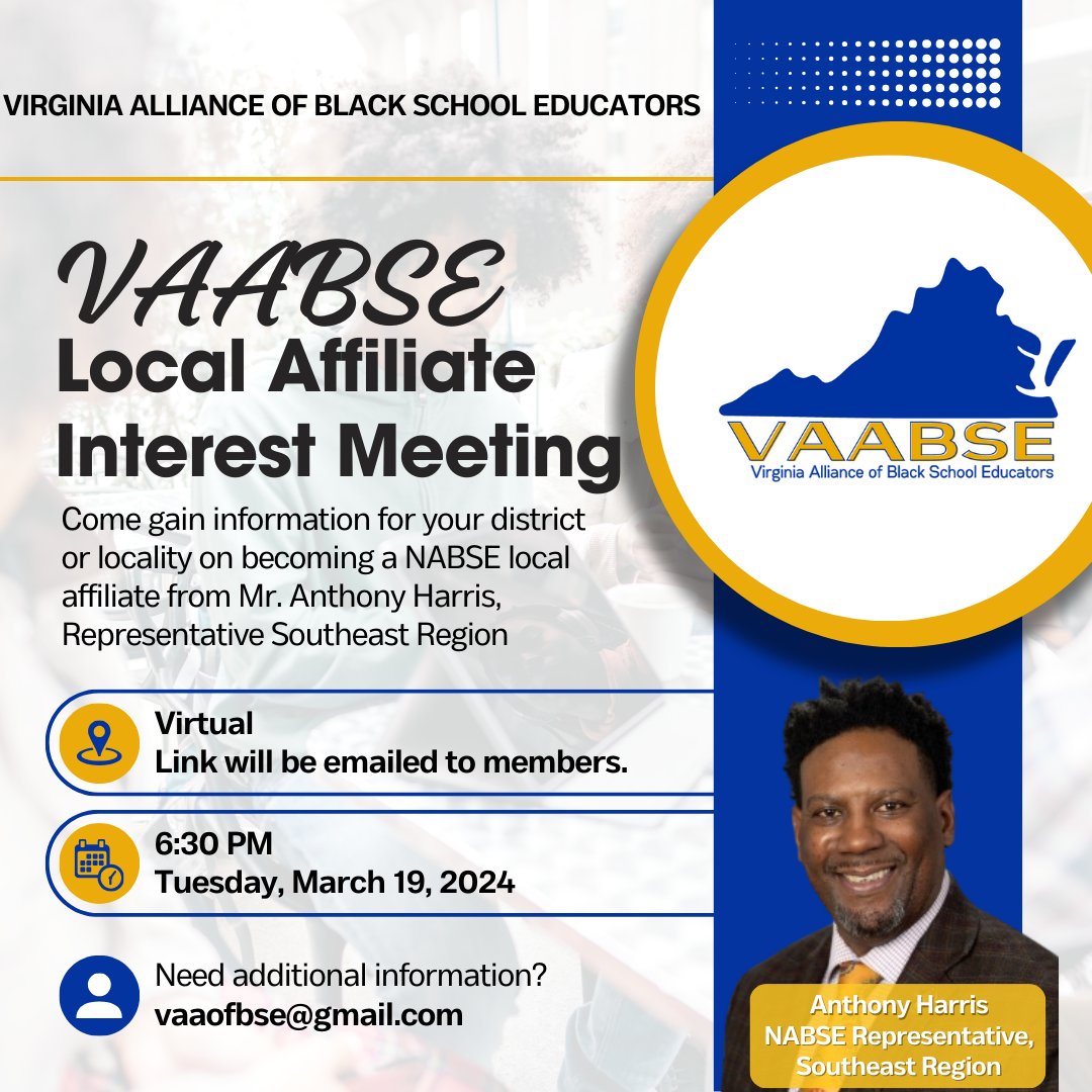 Is your district or locality interested in learning more about becoming a @NABSE_org affiliate? Please join VAABSE and Mr. Anthony Harris, NABSE Representative Southeast Region, to learn more about this process! A virtual link to join will be emailed to current VAABSE members.