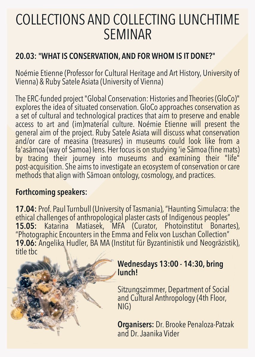 🗓️Join us next Wednesday as Ruby Satele & @noemietienne explore the question 'What is #conservation and for whom is it done?' in the Collections and Collecting Lunchtime Seminar.🤔🌐Mark your calendar for March 20, 13:00-14:30 CET in the NIG. See the poster below for details 👇