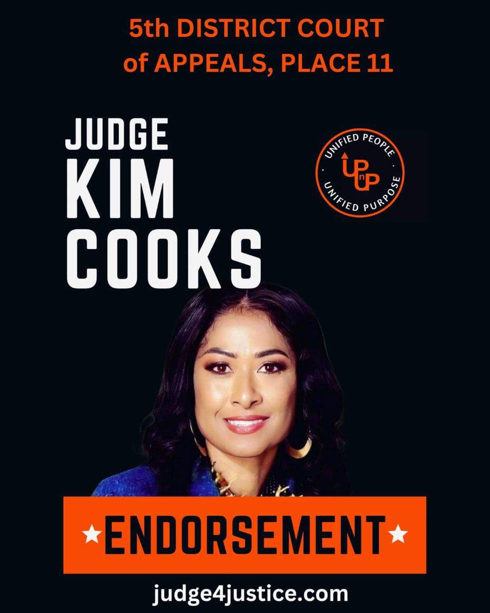 UpnUpMovement's tweet photo. Make history by voting for the 1ST BLACK WOMAN for Justice of the 5th District COURT OF APPEALS, Place 11! #judgekimcooks embodies resilience, intellect, and an unwavering commitment to justice. Election Day, March 5th.🗳️👩🏾‍⚖️ #VoteForChange #JudgeKimCooks #History #StayOnTheUpnUp https://t.co/G18ZaOMgk5