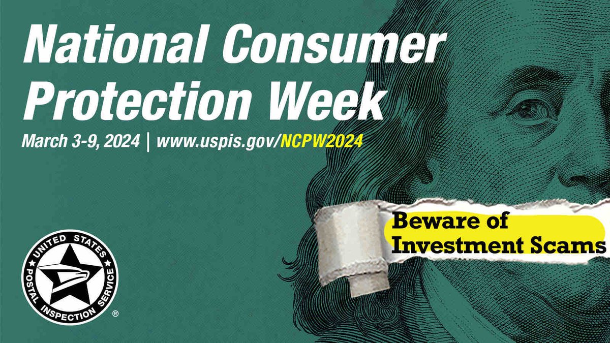 In 2023, consumers lost $4.6 BILLION to investment scams, according to recent data from the @FTC. That’s why we’re celebrating National Consumer Protection Week (March 3 - 9) by helping protect your wallet from these scammers. #USPIS #NCPW2024 Learn more: uspis.gov/NCPW2024