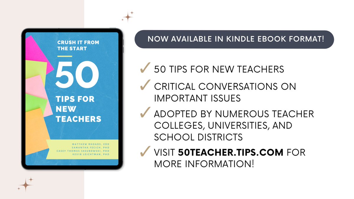 We're delighted to share that the #50TeacherTips book is now available in Kindle ebook format! Check out the book that numerous schools, districts, and teacher colleges have adopted! Learn more: a.co/d/eykb5NP @MattRhoads1990 @SFecich @CaseyJ_edu @KevinLeichtman
