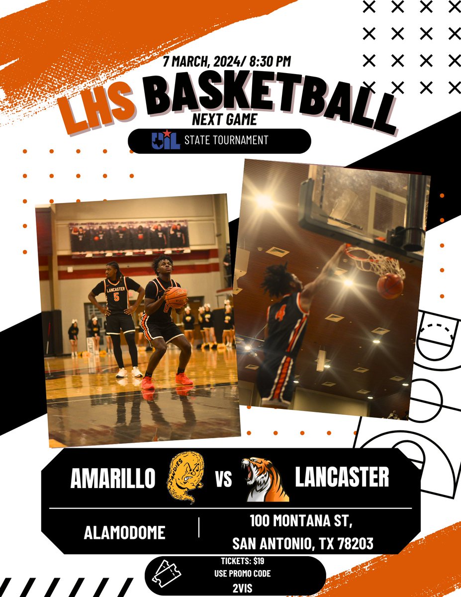 #WeboNation, our @TigersLhs are going to STATE! They'll face the Amarillo Sandies on Thursday 3/7/24 at 8:30 PM. You must use promo code 2VIS to purchase your tickets. The Promo code will only be valid up until Tuesday 5:00 PM! 🎟️'s bit.ly/3V5LQAz #LetsGoTigers #WEBO 🐅