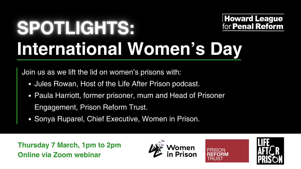 Have you booked your spot for our #InternationalWomensDay Spotlights event? We will be joined by @paula_harriott of @PRTuk, @sonyasonya of @WIP_live and @Juleshrowan of @AfterPrisonPod. Book your free place here: howardleague.org/events/spotlig…