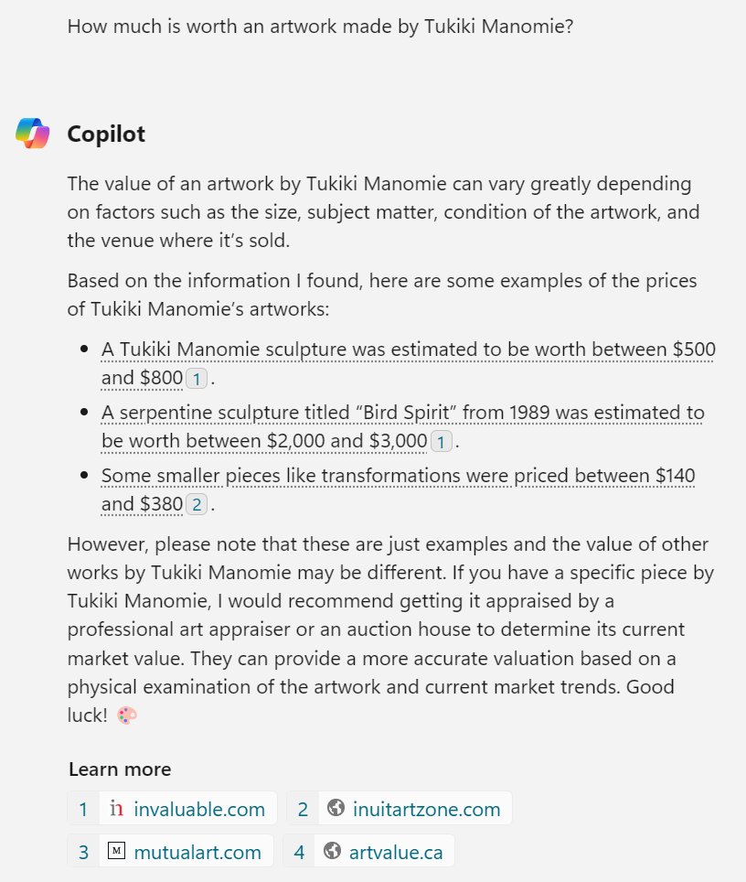 artvalueca's tweet image. Great to see Windows 11 Copilot uses some data from ArtValue.ca 
artvalue.ca/artist/Tukiki-…
#art #copilot