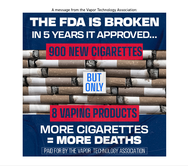 VaporTechAssoc's tweet photo. @SenSchumer @FDATobacco @POTUS @RyanCostello VTA was so excited to have the opportunity to be featured in Politico Playbook. It was a great opportunity to showcase our new issue ad. Watch it here: https://t.co/ICQczQIWEw https://t.co/0ZWmpVXRbW