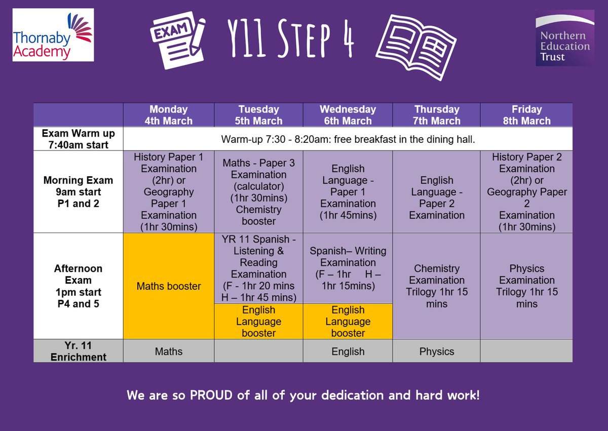 Tomorrow's assessments are below. We look forward to seeing our Y11 students for their warm-up sessions at 7:40 am. Enrichment tomorrow is maths - starting at 2:20 until 3:30. #OutcomesFocused #DoWell