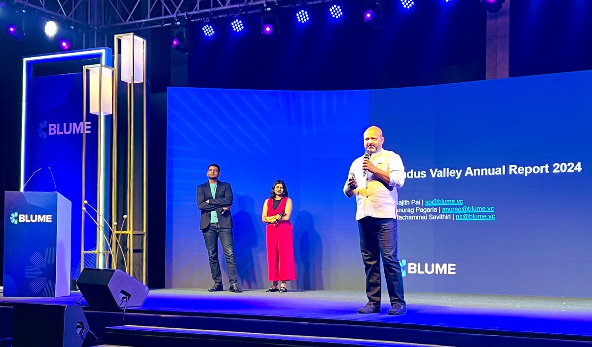 sanjaynath's tweet photo. Most #BlumeDays are Mega traditions 

This year's #BlumeDay 2024 was an Omega rendition! 

We saw the release of our Indus Valley Annual Report, a recap of the Omega Files, and as always, the showcasing of our Founder stories & trajectories. 

The IVAR, authored by our @sajithpai alongwith @anurag_pagaria and @llnachull became kinda required weekend homework reading for the ecosystem-at-large!

@BKartRed deconstructed Blume Fund I, across the fund lifecycle from genesis to outcomes, through the Omega Files 

But the crowning glory of #BlumeDay 2024 was the assembling of our Founders - Blumiers, as they are famously called - on the Main Stage.  

Showcasing our Fund I portfolio founders, their journeys turned into real outcomes, and seeing the recycling of cash via actual exits — made it all come alive.  

Grateful to all our LPs who have supported us, our Founders who choose to partner with us, and our amazing, incredible and diverse @BlumeVentures team that makes it all possible 🙏🏻💪

Another truly memorable #BlumeDay !

@BKartRed @AshishFafadia @sajithpai @arpiit @SeekingN0rth