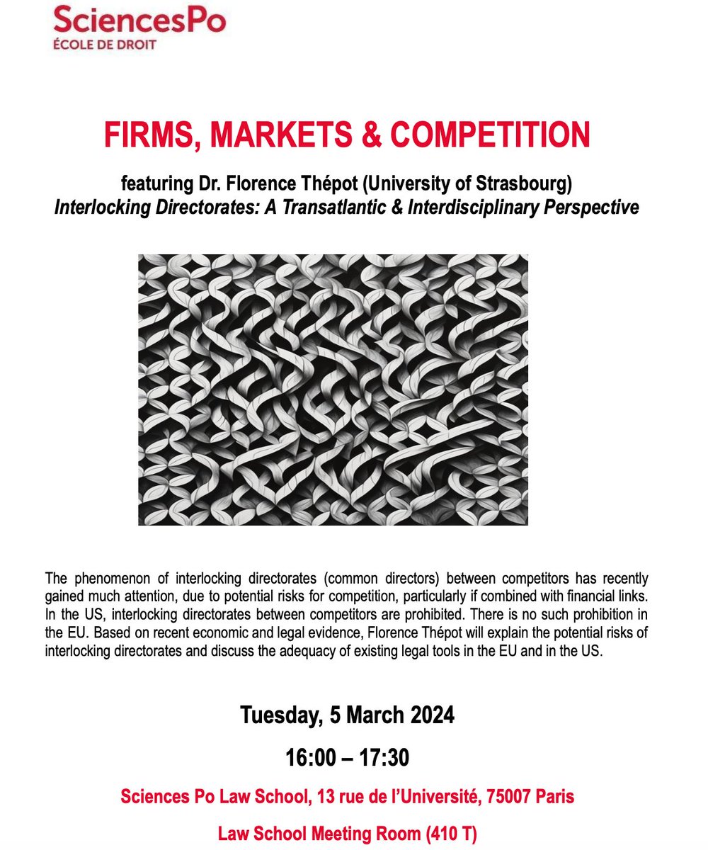 Tuesday marks the inauguration of our brand-new interdisciplinary seminar series on Firms, Markets & Competition. Our first speaker couldn't be a better fit: @flothep will present her research on interlocking directorates. If you're in Paris, join us on campus! (1/2)