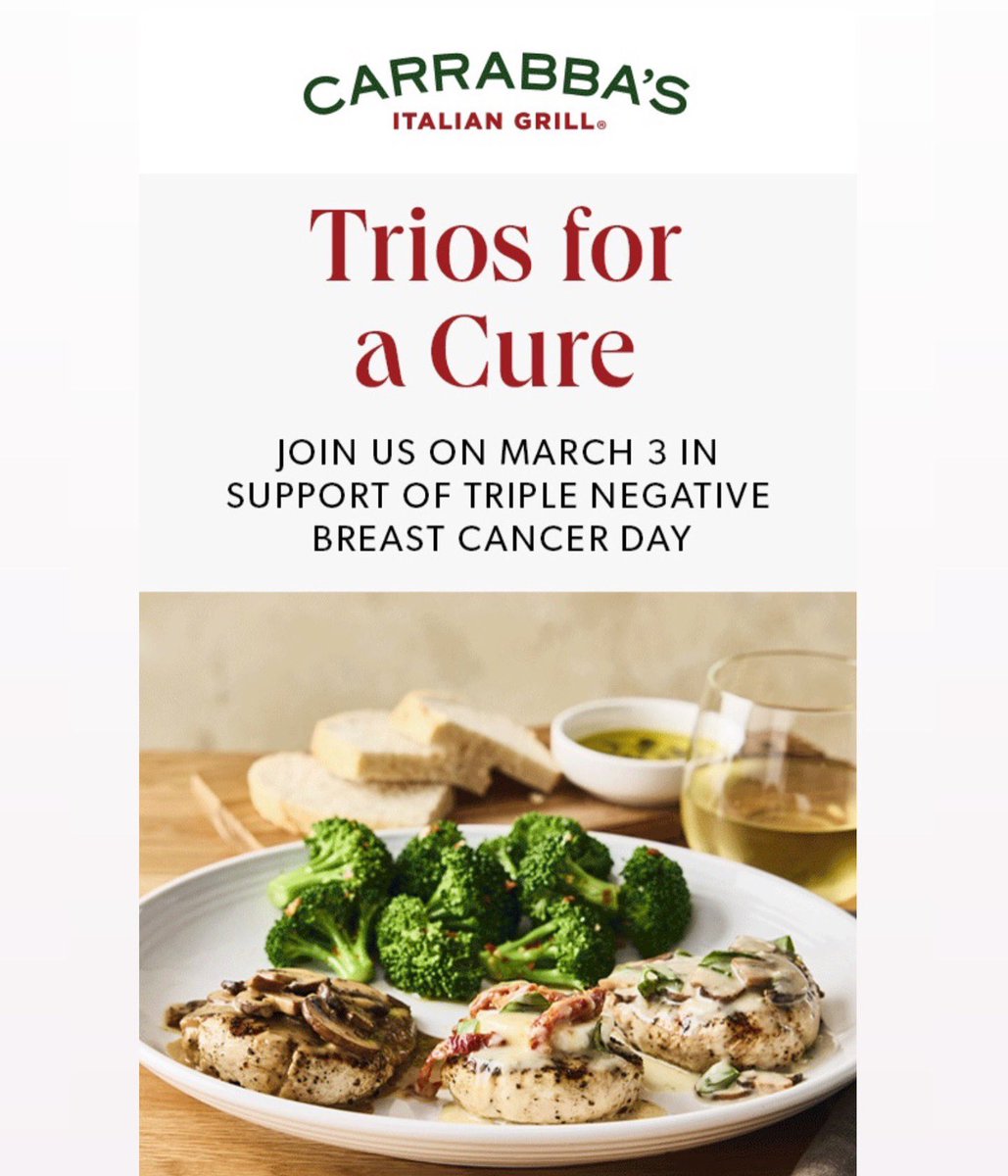 It is #TNBCDay! Dine with a purpose @Carrabbas for #TriosForACure! For every Trio ordered TODAY, @Carrabbas will donate $3 to #TNBC Foundation & match each donation, totaling $6 per order! Come hungry, leave fulfilled on #TripleNegativeBreastCancer Day