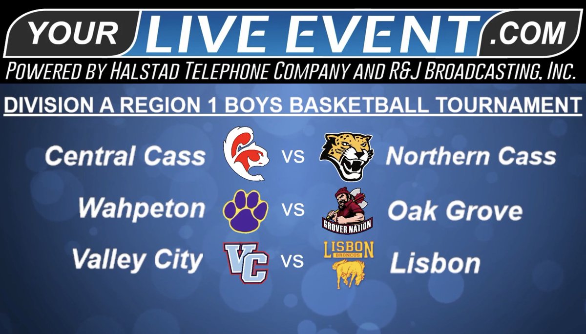 Your Live Event (@yourliveevent1) on Twitter photo Catch the North Dakota Division A Region 1 Boys Basketball Tournament on Monday from the Scheels Center on Your Live Event:
4:30 - <a href="/CentralCassBBB/">CC Boys Basketball</a> vs <a href="/NCBOYSBBALL1/">NCBOYSBBALL</a>
6 - <a href="/WHSHuskies/">WHSHuskies</a> vs Oak Grove
7:30 - Valley City vs <a href="/lpsbroncos/">Lisbon Broncos</a>
🖥️ - yourliveevent.com Catch the North Dakota Division A Region 1 Boys Basketball Tournament on Monday from the Scheels Center on Your Live Event:
4:30 - <a href="/CentralCassBBB/">CC Boys Basketball</a> vs <a href="/NCBOYSBBALL1/">NCBOYSBBALL</a>
6 - <a href="/WHSHuskies/">WHSHuskies</a> vs Oak Grove
7:30 - Valley City vs <a href="/lpsbroncos/">Lisbon Broncos</a>
🖥️ - yourliveevent.com