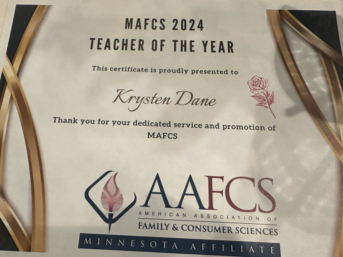 I am so incredibly honored to have received the MN Association of Family &amp; Consumer Sciences 2024 Teacher of the Year award last night! I am grateful for the support given &amp; the trust in me to represent MN #FCS! 🖤🥂👩🏼‍🏫