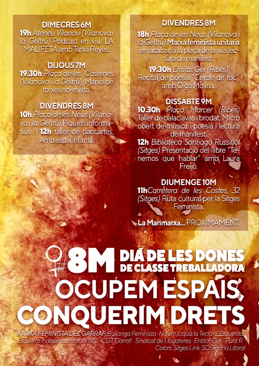 ❤️‍🔥 OCUPEM ESPAIS, CONQUERIM DRETS ❤️‍🔥

Des del Garraf sabem que la força feminista més gran per enderrocar el sistema patriarcal són les xarxes entre nosaltres.

Reivindiquem, un cop més, que les feministes som on hem d’estar.

#CadaDiaÉs8DeMarç