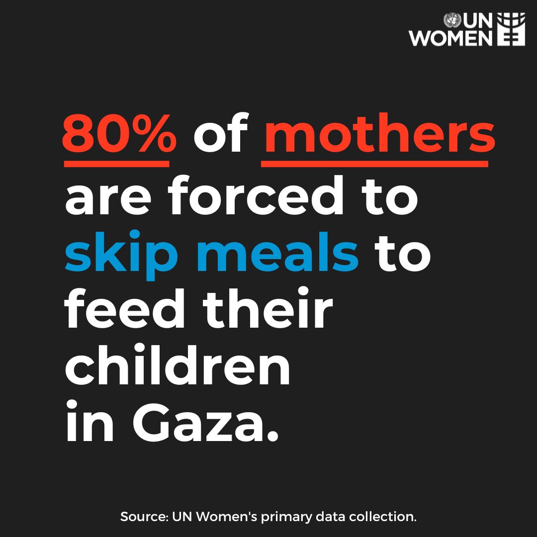Around 80% of Gazan mothers are skipping meals to feed their children. Eating less, last and the least nutritious food.
 
We reiterate the call for an immediate ceasefire and safe provision of humanitarian aid across #Gaza.
 
Our press release: unwo.men/XZ1r50QKioW