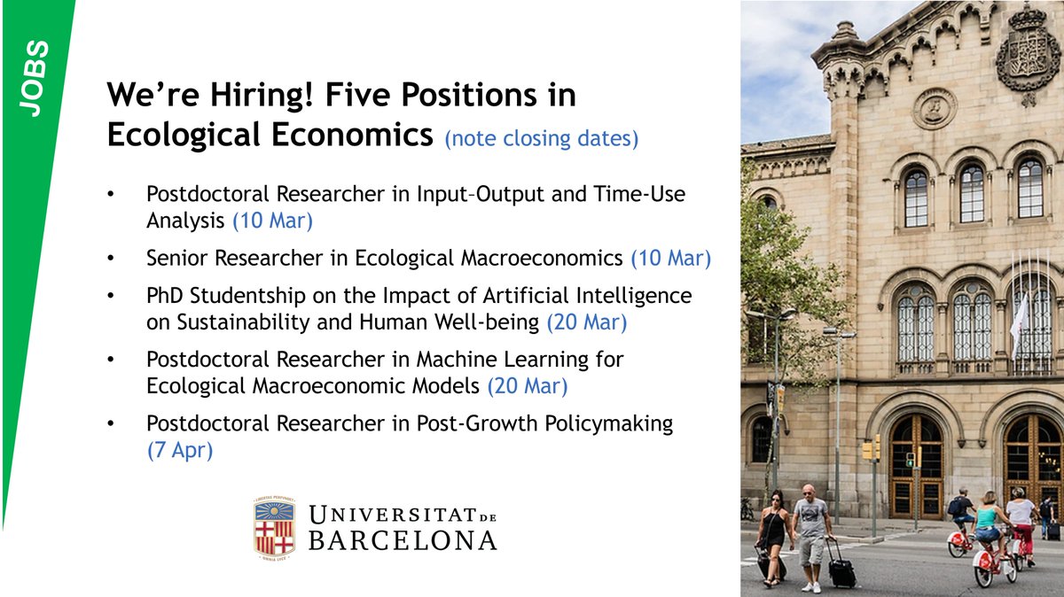 Join our team at the University of Barcelona! We're looking for outstanding researchers to help develop new models, assessments, and policies for sustainability. Check out the job descriptions, and please circulate widely: ecolecon.eu/jobs/