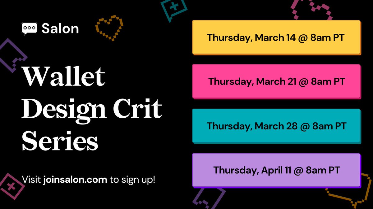 🌟 Exciting news! Launching <a href="/joinsalon/">Salon</a>: SPRING SERIES - a space where web3 enthusiasts can connect, learn, and discuss the future of crypto. We're starting with a deep dive into the UX of wallets! Join us: joinsalon.com #Web3