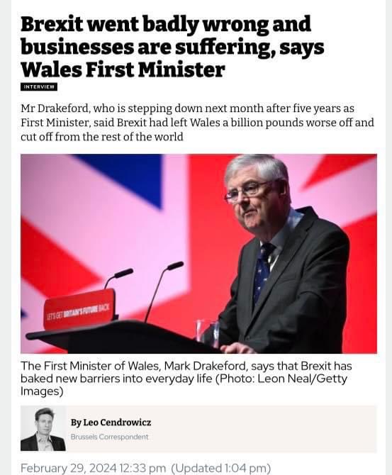Brexit went badly wrong and businesses are suffering, says Wales First Minister.

It’s time for politicians to do something about it - and #Rejoin.