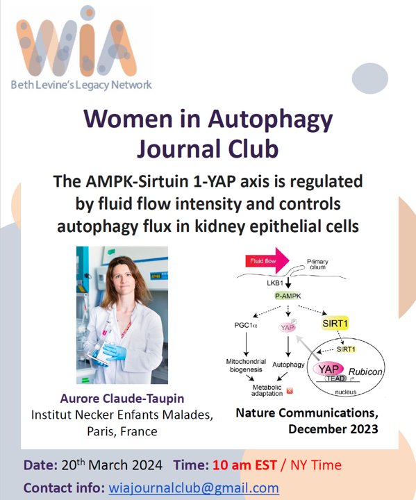 WAutophagy's tweet photo. Join us for our next Journal Club on Wednesday, March 20th at 10 am EST! Aurore Claude-Taupin will present her latest publication in Nat comms., December 2023 related to AMPK-Sirtuin 1-YAP axis #womeninscience #autophagy https://t.co/X5tr5yLAG7