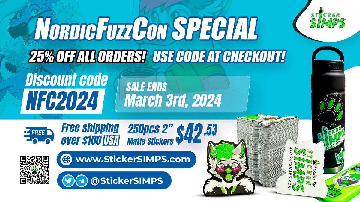 📣 LAST CALL! 📣 12 hours left!
🚨 #NFC2024 Special!🚨 
25% OFF ALL ORDERS!
PLUS: 2 RANDOM orders will be DOUBLED!
#Furry #Stickers #FreeStickers #FurryFandom #Furries #CustomStickers