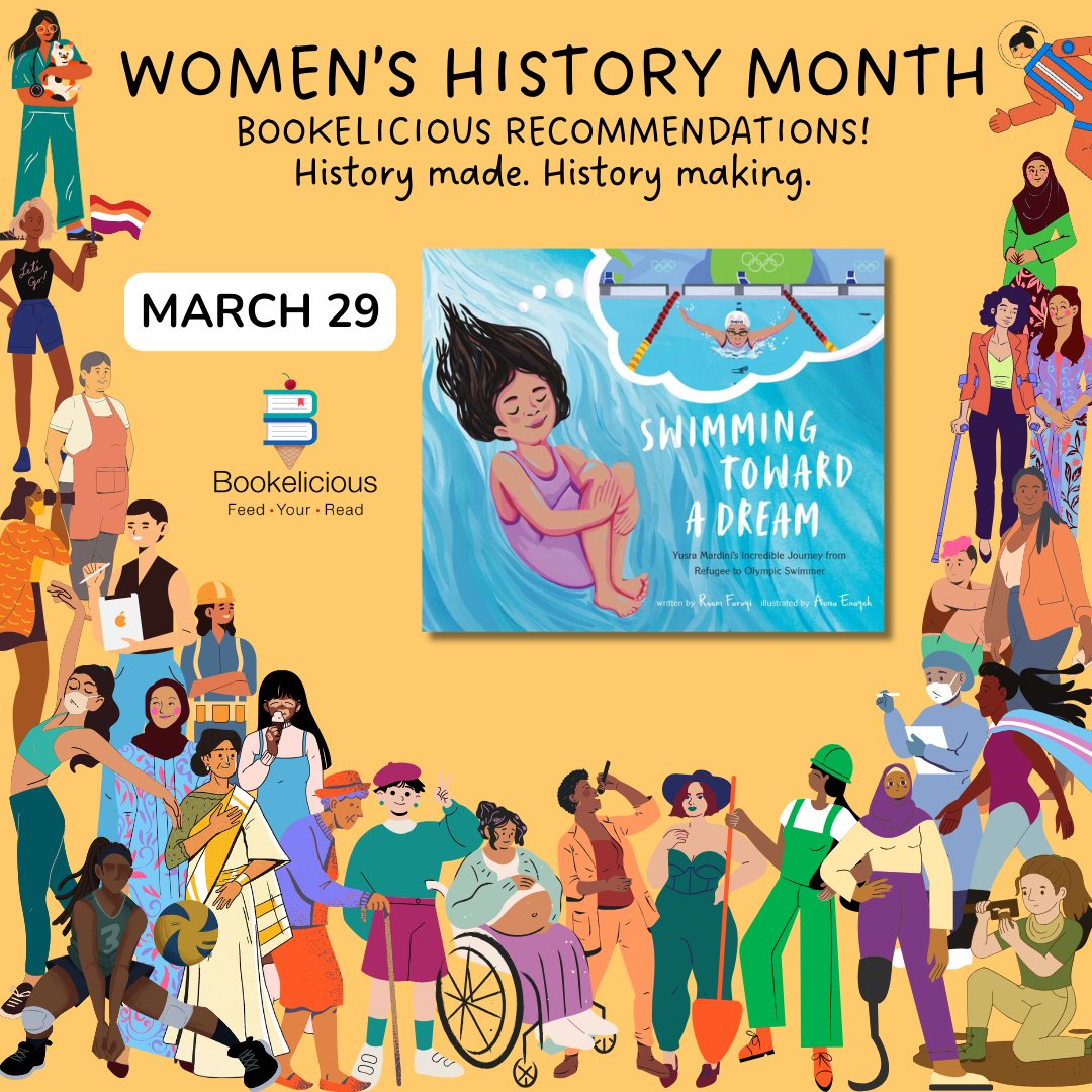 A #WomensHistoryMonth celebration! 🎉 Swimming Toward a Dream ✍️ @ReemFaruqi 🎨 #AsmaEnayeh 'when war came to Syria, Yusra's home-and her pool-were no longer safe. Yusra & her sister set out on a harrowing journey, crossing the sea in search of safety.' bookelicious.com/book/91731/swi…